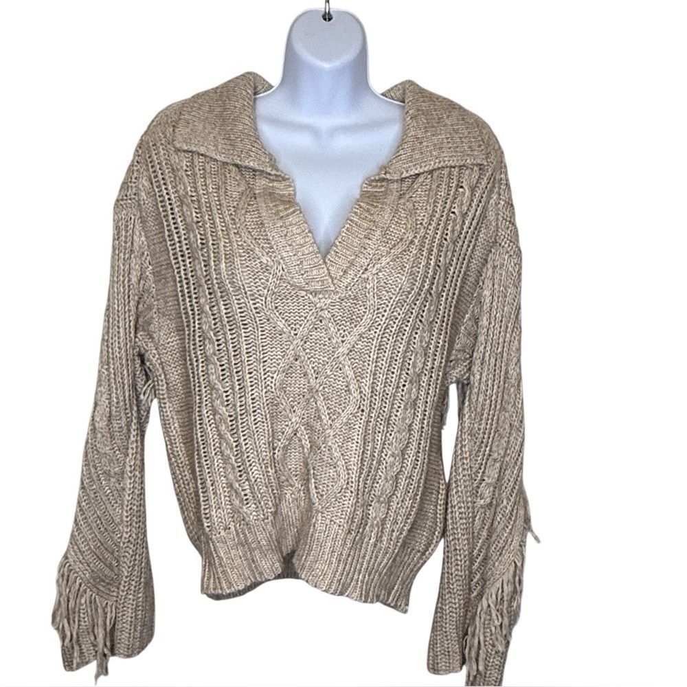 Revel Women's Tan Cable Knit Fringe Polo Sweater Size Medium
